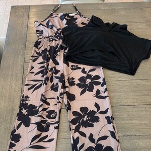 Black Floral-Print Wide-Leg Jumpsuit with Solid Black Top